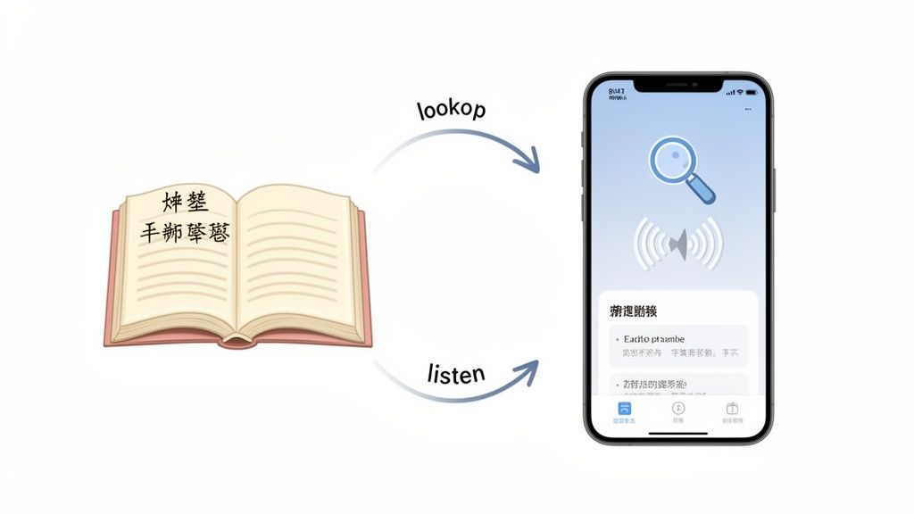 A book with Chinese characters connected to a smartphone app for looking up words and listening to pronunciation.