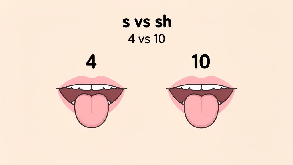 An illustration comparing tongue positions for pronouncing 's' (4) and 'sh' (10) sounds.