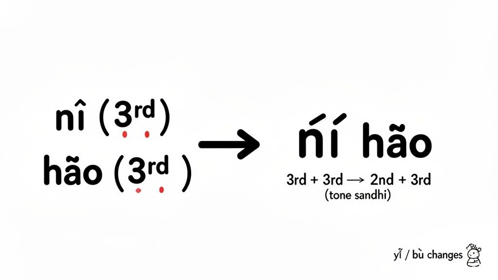 Mandarin Chinese tone sandhi rule diagram showing two 3rd tones become 2nd and 3rd, exemplified by 'nǐ hǎo'.