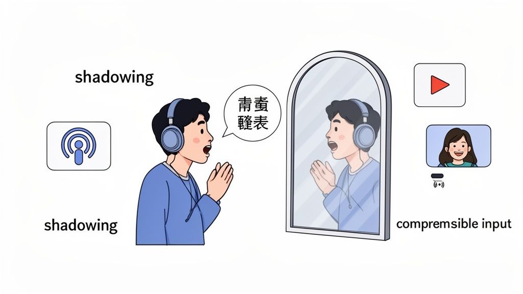 A person with headphones practices speaking a language, possibly Mandarin, by shadowing and using comprehensible input.