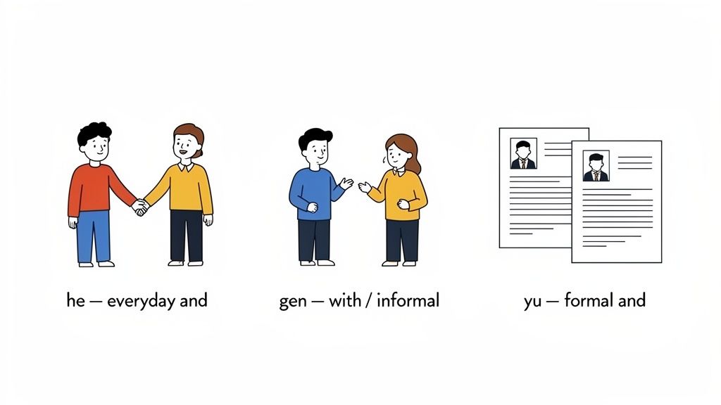 Educational graphic explaining Chinese conjunctions 'he', 'gen', 'yu' with visual examples for everyday, informal, and formal usage.