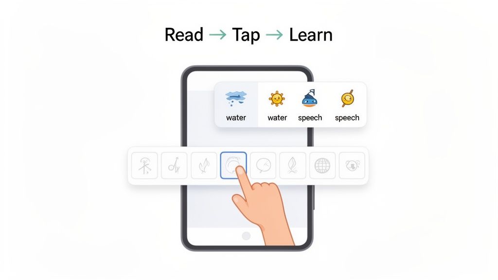A hand taps a smartphone screen, demonstrating an app that helps learn Chinese radicals with visual and phonetic cues.