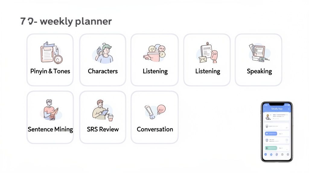 A weekly planner for Chinese language learning, featuring Pinyin, Characters, Listening, and Speaking, with a study app.