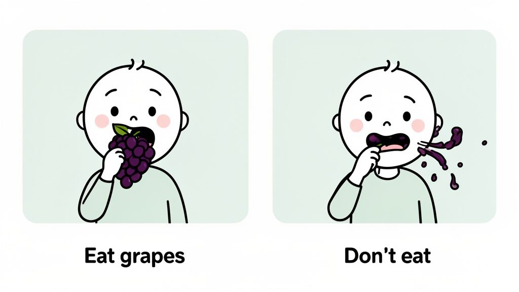 Illustrations comparing a child properly eating grapes with another child spitting out grapes in a messy way.