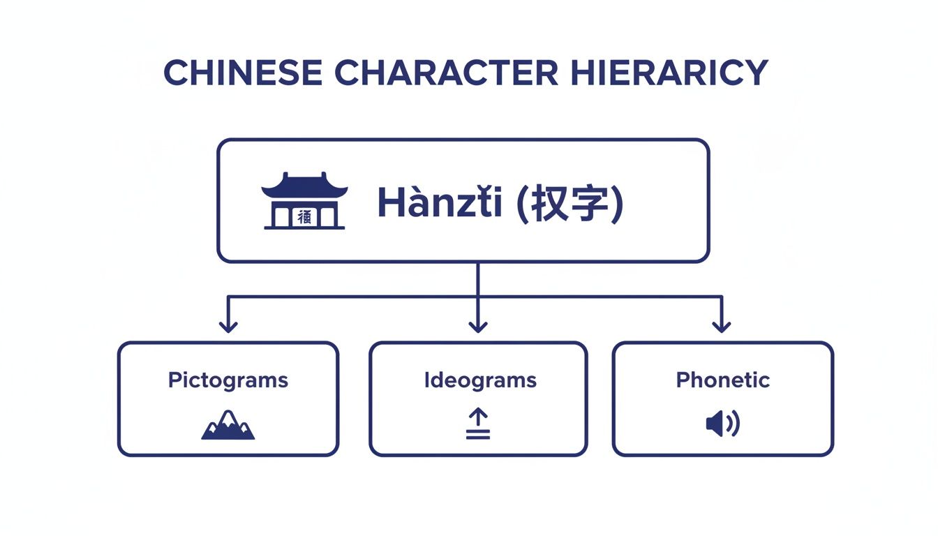 A diagram illustrates the Chinese character hierarchy, detailing Hànzì split into pictograms, ideograms, and phonetic characters.