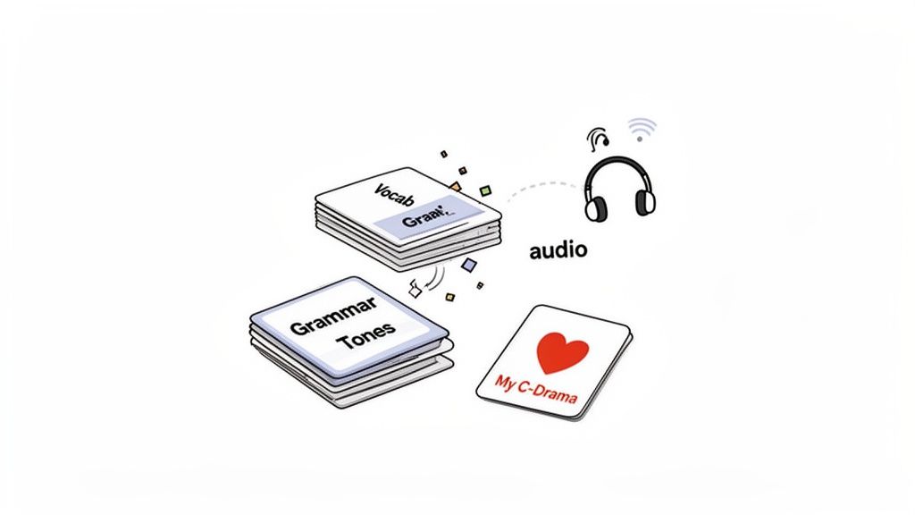 Illustration of language learning flashcards for vocabulary, grammar, and tones, connected to audio headphones.