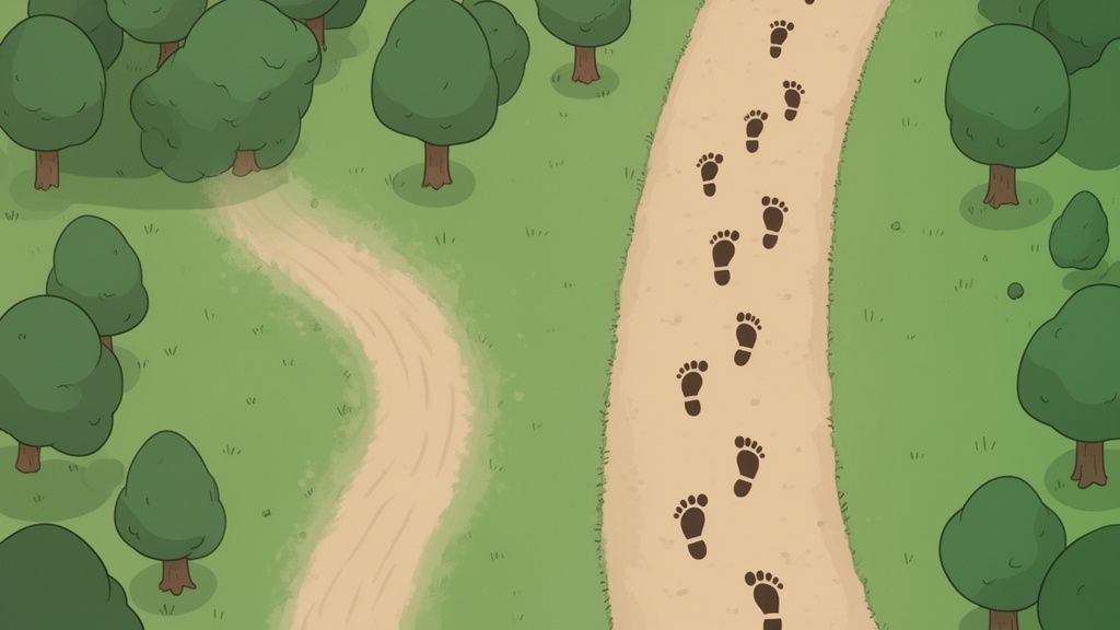 An aerial cartoon illustration showing two paths in a green forest, one marked with footprints.