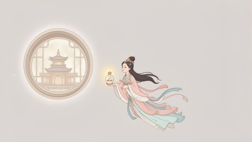 A celestial Chinese woman holding a glowing elixir bottle, with a traditional pagoda in a round window.