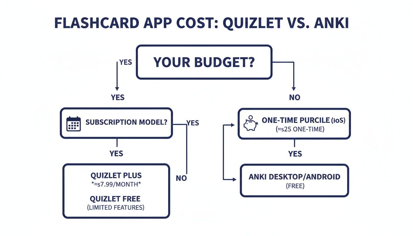 Flowchart comparing Quizlet and Anki flashcard app costs based on budget and payment model.