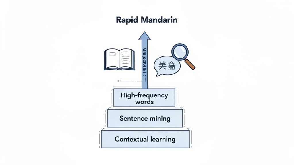 Diagram showing Rapid Mandarin learning through contextual learning, sentence mining, and high-frequency words for fluency.
