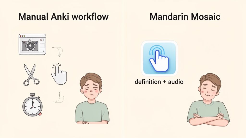 Comparison of manual Anki workflow (tedious) with Mandarin Mosaic app (easy, efficient, definition + audio).