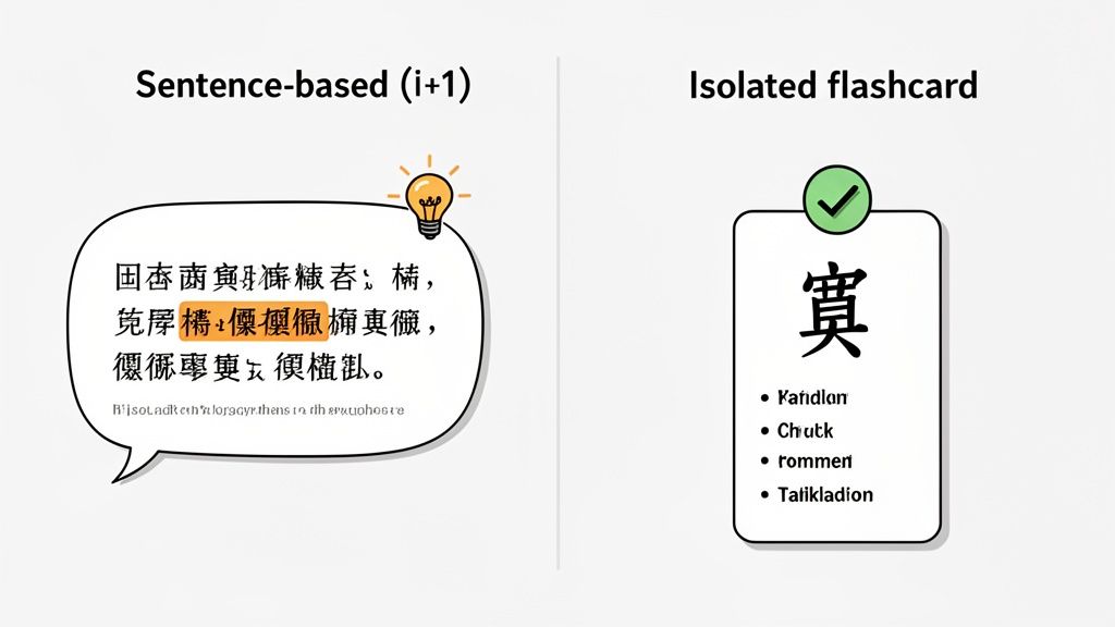 Image comparing two Mandarin Chinese learning methods: sentence-based (i+1) and isolated flashcards.