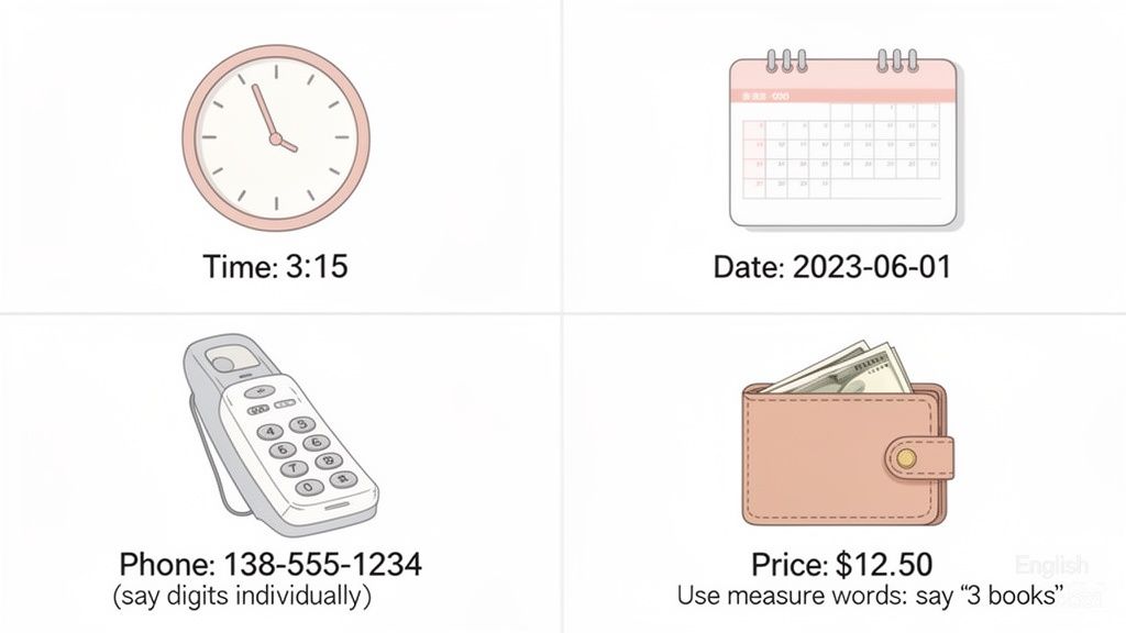 An image showcasing various numerical data: time, date, phone number, and price for a product.
