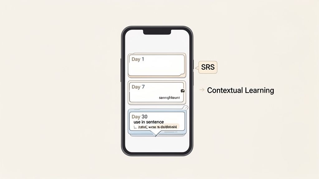 A smartphone screen displaying a language learning app with SRS and contextual learning features.