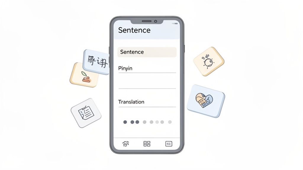 A smartphone app for learning Chinese sentences with Pinyin and translation, surrounded by vocabulary cards.