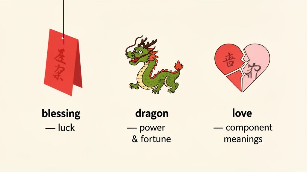 Three illustrations of Chinese symbols: a red blessing tag, a green dragon, and a broken heart representing love.
