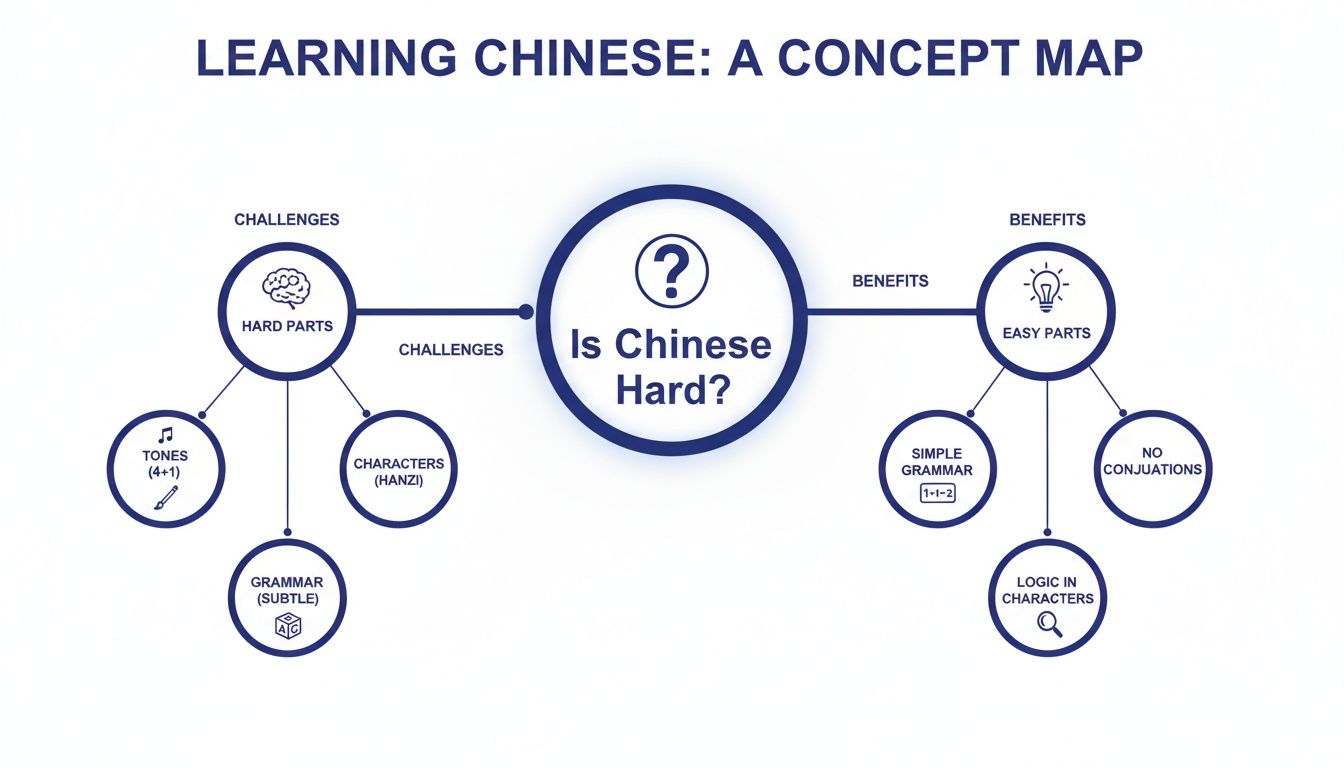 A concept map illustrating the challenges and benefits when answering 'Is Chinese Hard?'.