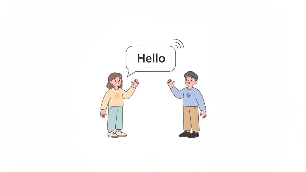 Two cartoon children, a girl and a boy, wave with a 'Hello' speech bubble.