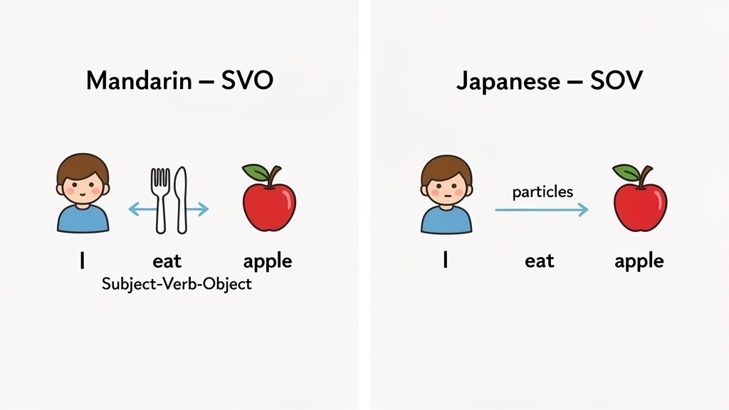 Visual comparison of Mandarin (SVO) and Japanese (SOV) sentence structures with 'I eat apple'.