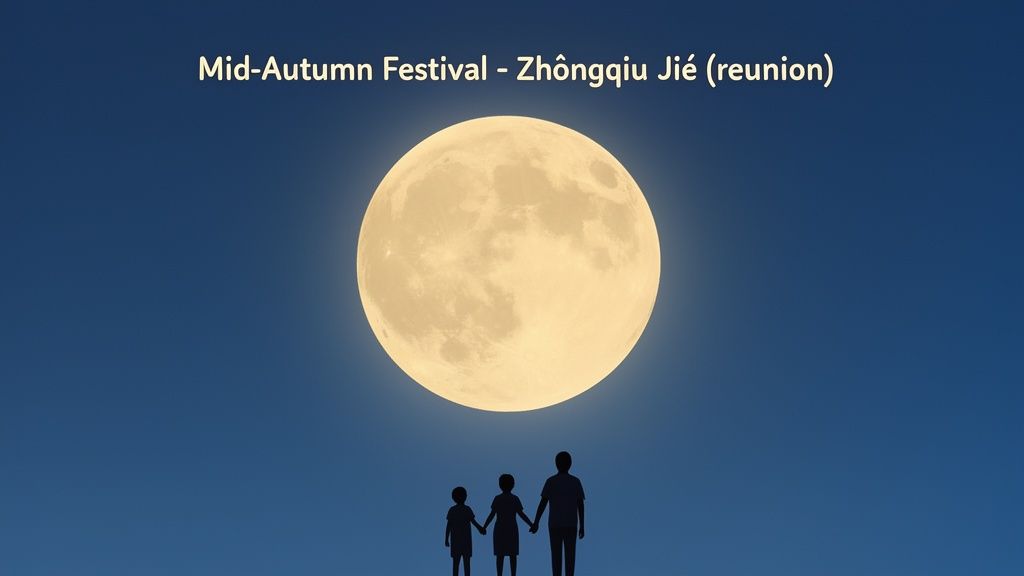 Silhouettes of a family gaze at a radiant full moon during the Mid-Autumn Festival.
