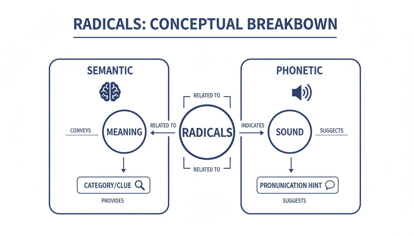 Conceptual diagram illustrating radicals' semantic connection to meaning and phonetic connection to sound, providing clues.