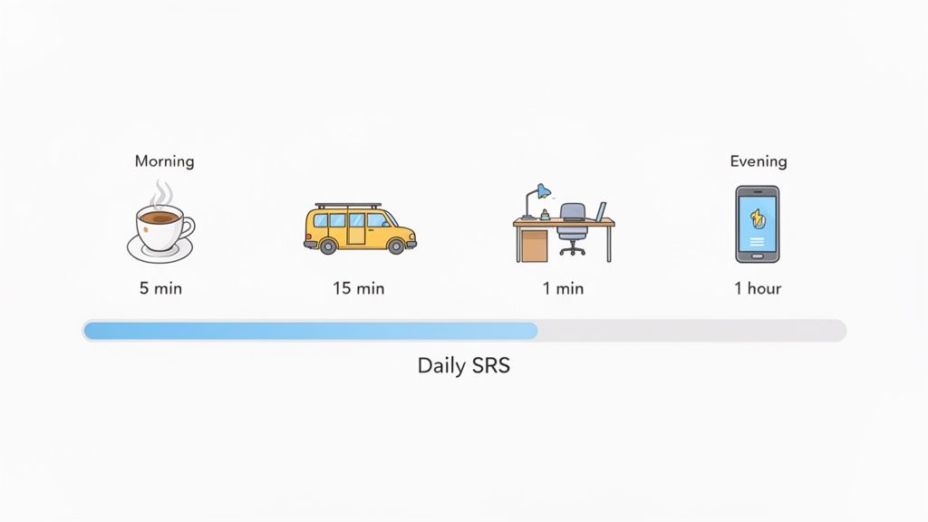 Infographic illustrating a daily routine with time allocated for Spaced Repetition System (SRS).
