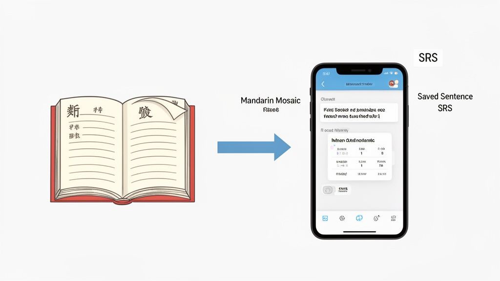 An open Chinese dictionary next to a smartphone app, illustrating the conversion of traditional learning to digital SRS.