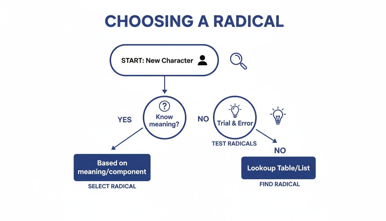 Decision tree illustrating how to select a Chinese character radical based on meaning or lookup.