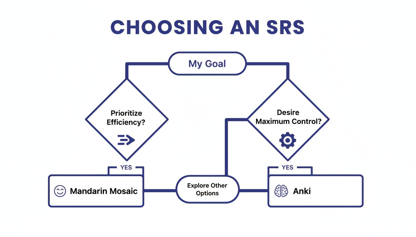 A flowchart comparing Mandarin Mosaic and Anki for Spaced Repetition System (SRS) selection based on efficiency and control.