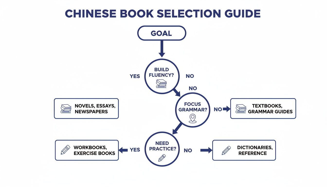 A flowchart guiding Chinese book selection based on learning goals like fluency, grammar, and practice.