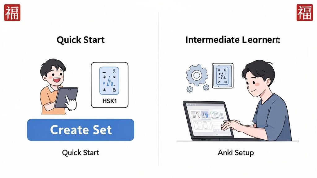 Two learning approaches: quick start with mobile flashcards and Anki setup on a laptop.