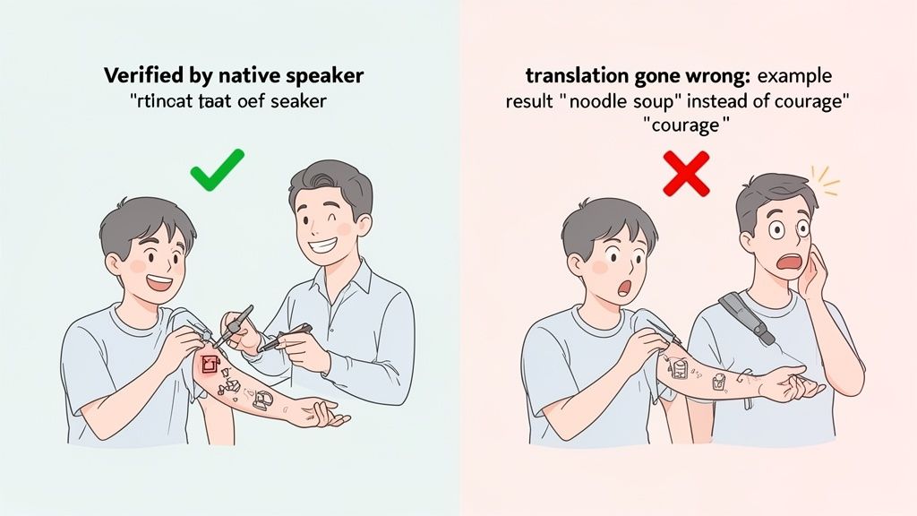 Cartoon illustrating accurate vs. incorrect tattoo translation, like 'noodle soup' instead of 'courage'.