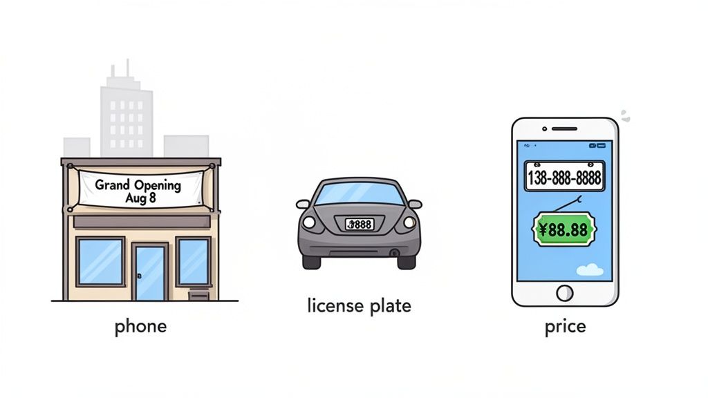 Three illustrations highlighting the auspicious number eight in a grand opening, car license, and phone details.