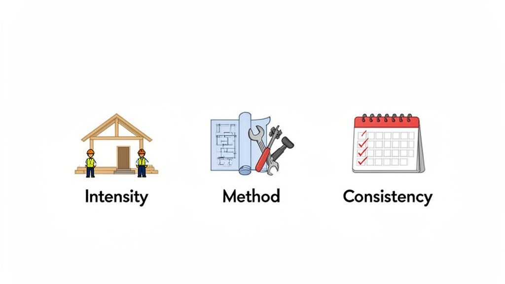 Three icons illustrating Intensity (construction), Method (blueprint, tools), and Consistency (calendar with checkmarks).