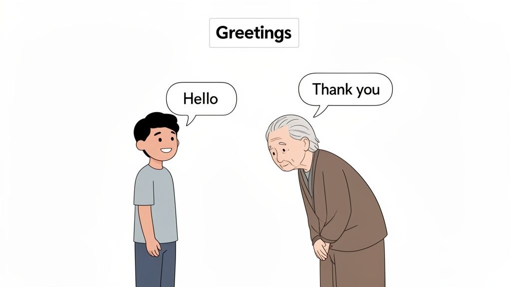 A boy greets an elderly person bowing and saying thank you, illustrating basic phrases.