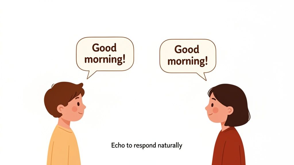 Two cartoon children, a boy and a girl, greet each other with 'Good morning!' in speech bubbles.