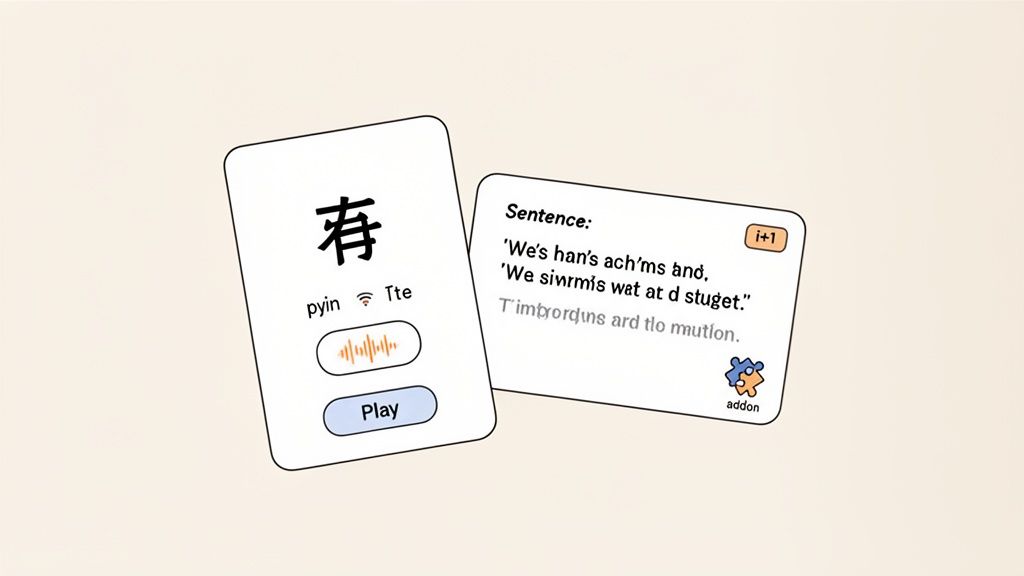 Two digital language learning flashcards, one showing a Chinese character with pinyin and a play button, the other a sentence.