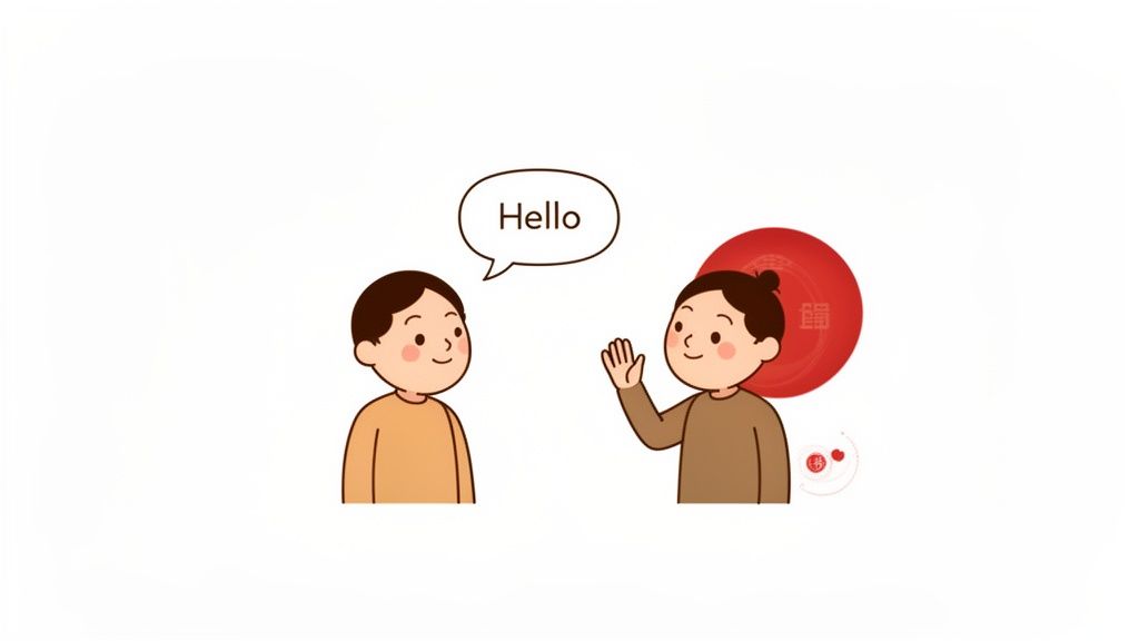 Two cartoon children greeting each other, one waves with a 'Hello' speech bubble, on a white background.