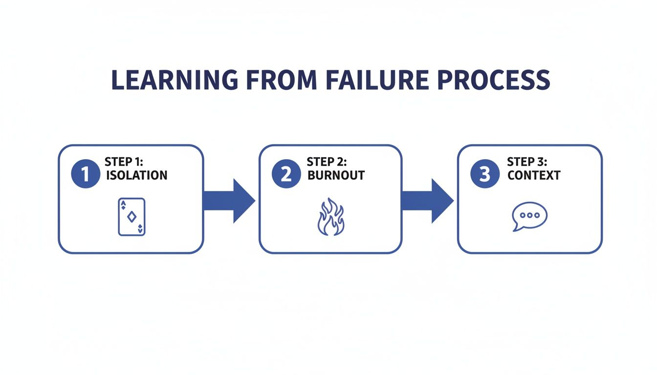 A flowchart titled 'Learning from Failure Process' with three steps: Isolation, Burnout, and Context.