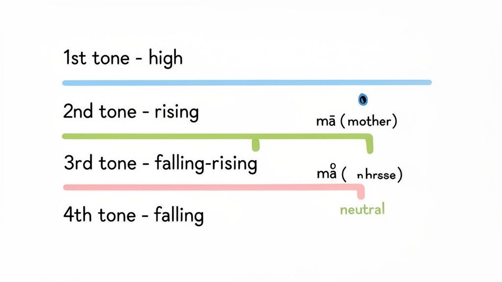 A visual guide illustrating the four main Mandarin tones: high, rising, falling-rising, and falling, plus the neutral tone.