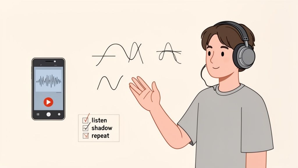 A cartoon person with headphones uses a phone for language learning, illustrating listen, shadow, repeat steps.