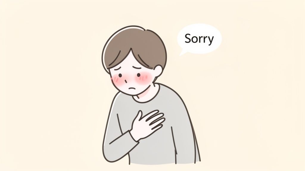 An embarrassed cartoon boy says "Sorry" with a sad expression and hand on his chest.