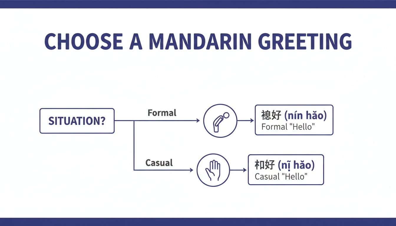 Flowchart illustrating the choice of Mandarin greetings based on situation, distinguishing formal 'nín hǎo' and casual 'nǐ hǎo'.