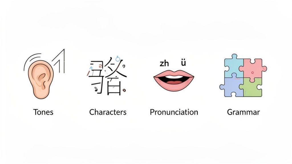 Infographic with icons representing key components of learning Chinese: tones, characters, pronunciation, and grammar.