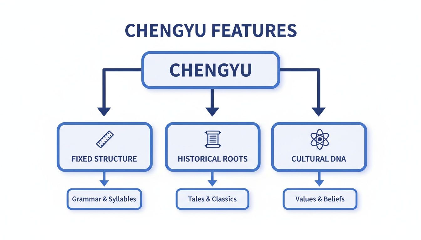 Flowchart illustrating the three main features of Chengyu: fixed structure, historical roots, and cultural DNA.