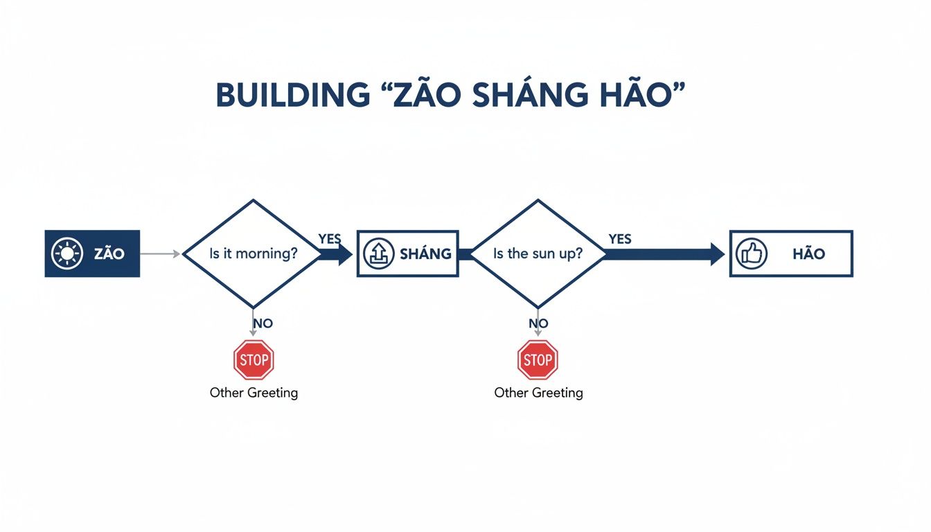 Flowchart illustrating the construction of the Chinese greeting 'Zao Shang Hao' based on morning and sun conditions.
