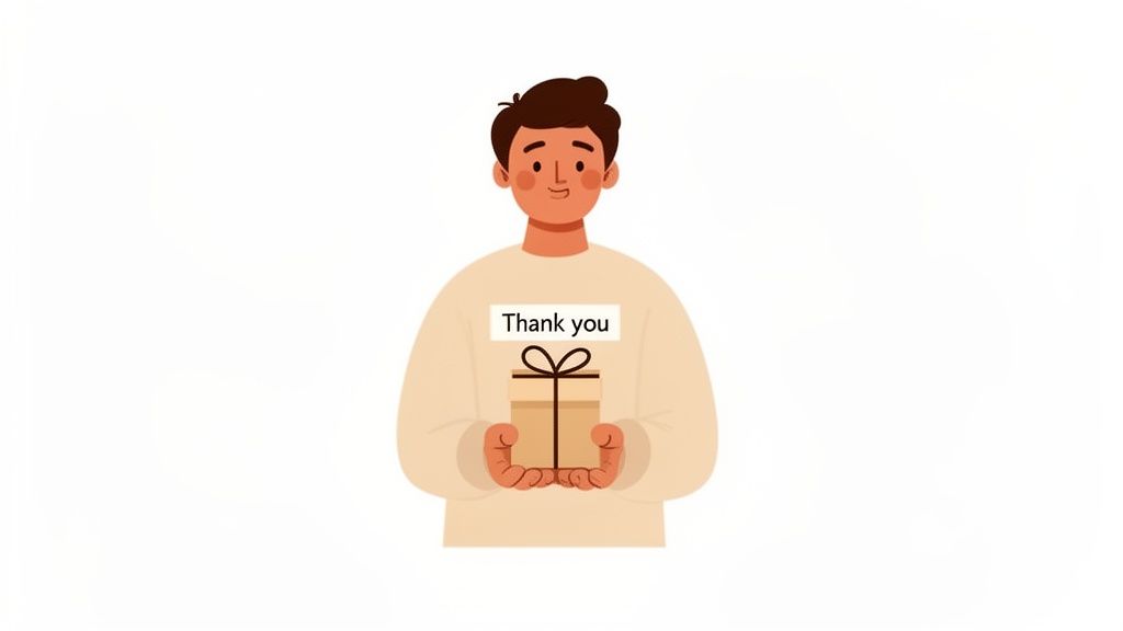 A kind cartoon man with dark hair holds a brown gift box, wearing a beige sweater with "Thank you" text.