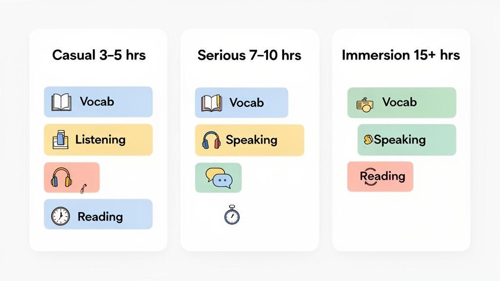 Infographic comparing casual, serious, and immersion language study plans with hours and skills.