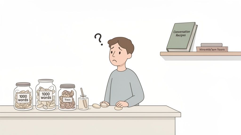 A confused man selects language elements from jars labeled '1000 words' and 'Tracs' for a conversation.