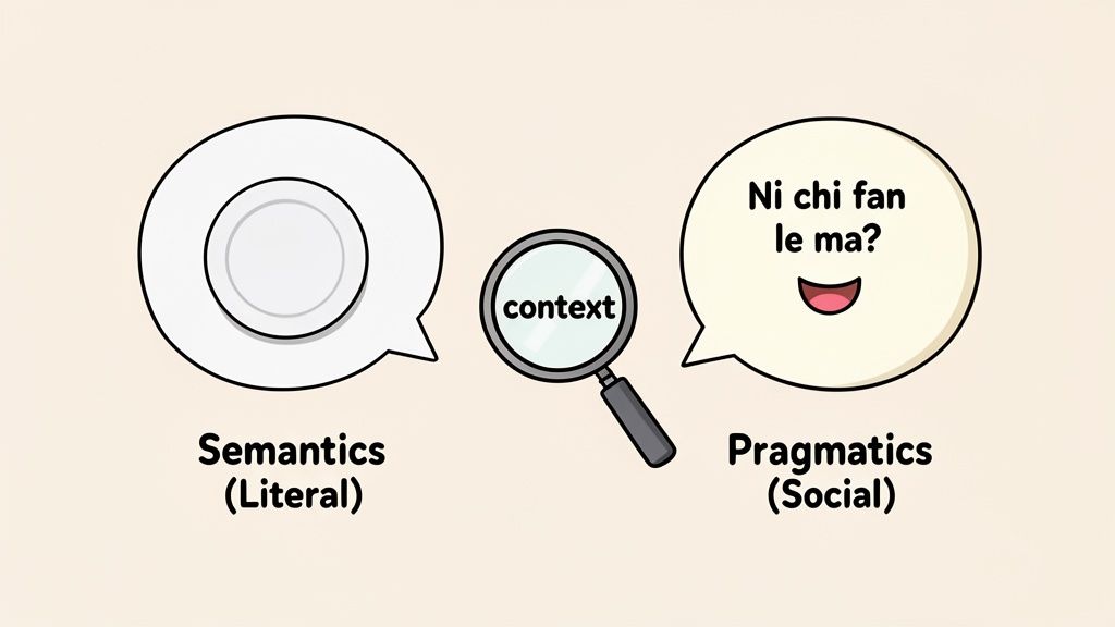 Illustration comparing semantics (literal plate) and pragmatics (social Chinese greeting), with context as the link.